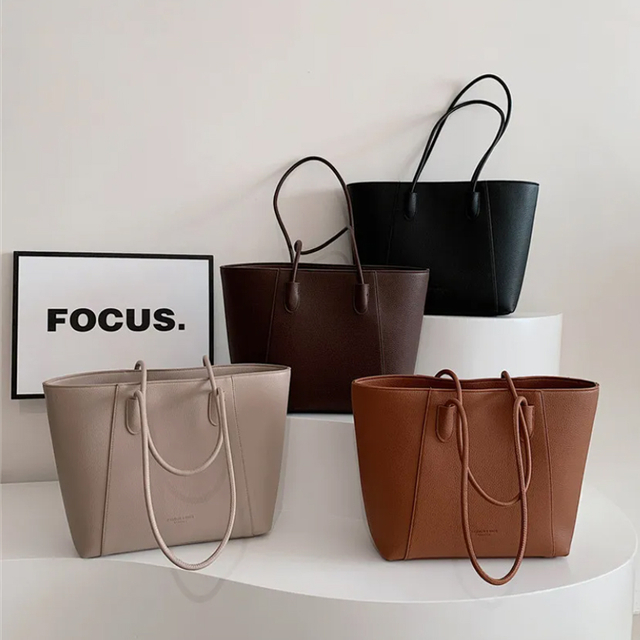 Wholesale Large Capacity Fashion PU Leather Bag Soft Surface Vintage Tote Bag Solid Color Luxury Women Handbag