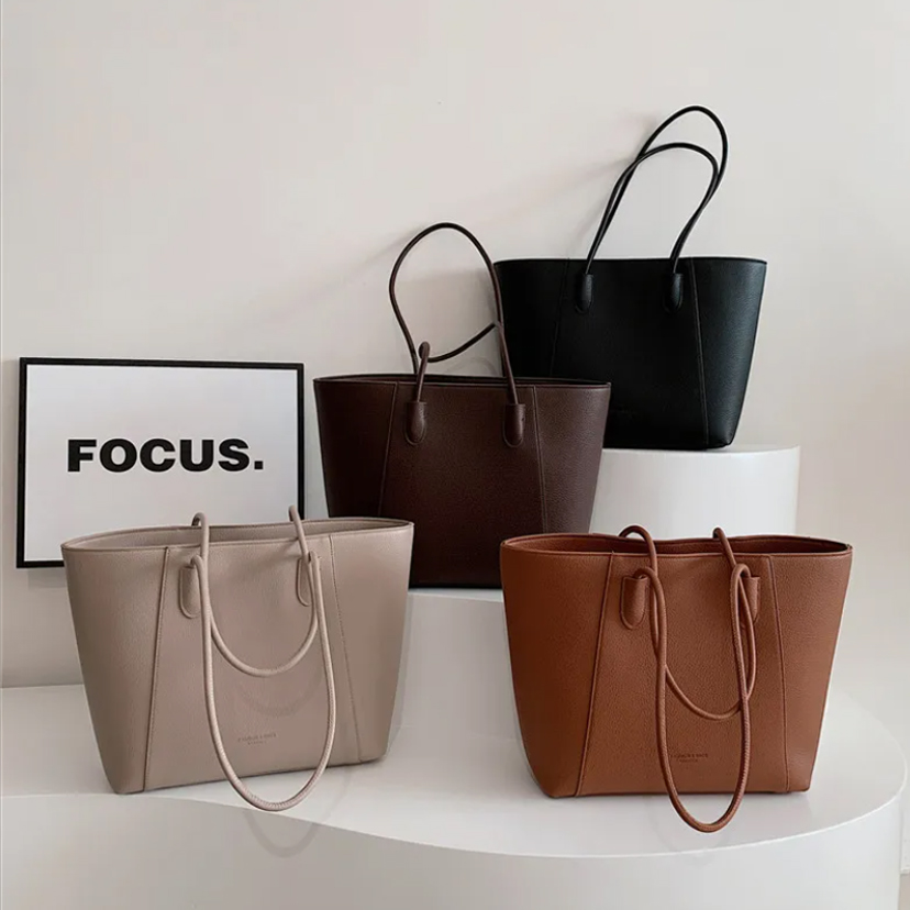 Wholesale Large Capacity Fashion PU Leather Bag Soft Surface Vintage Tote Bag Solid Color Luxury Women Handbag